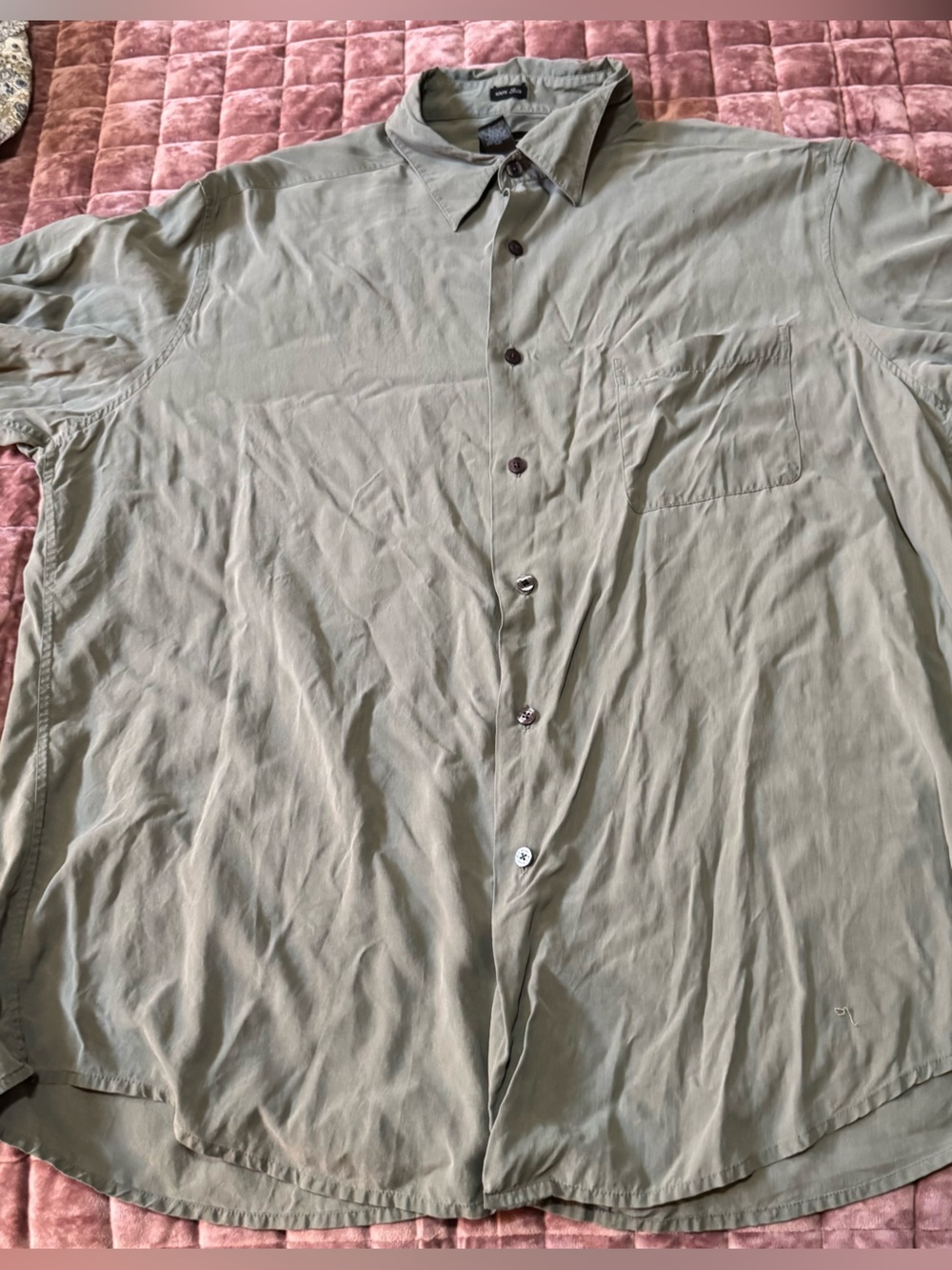 Claiborne Men’s 100% Silk Olive Green Short Sleeve Button Up Shirt XL